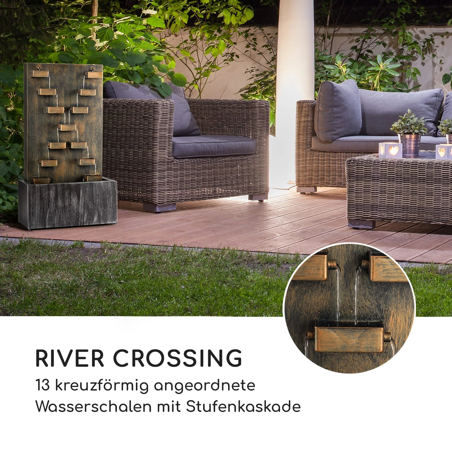 River Crossing Gartenbrunnen In/Outdoor 6W Pumpe 10m Kabel Verzinkt – Bild 7