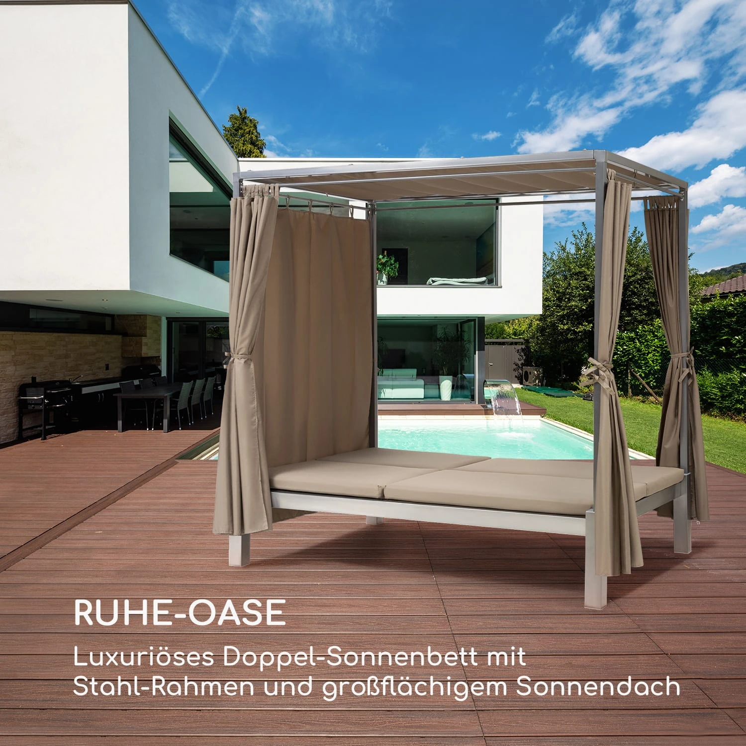 Eremitage Double Sunbed 2 Pers Stahl-Rahmen Sonnendach VorhÀnge Taupe - Image 4