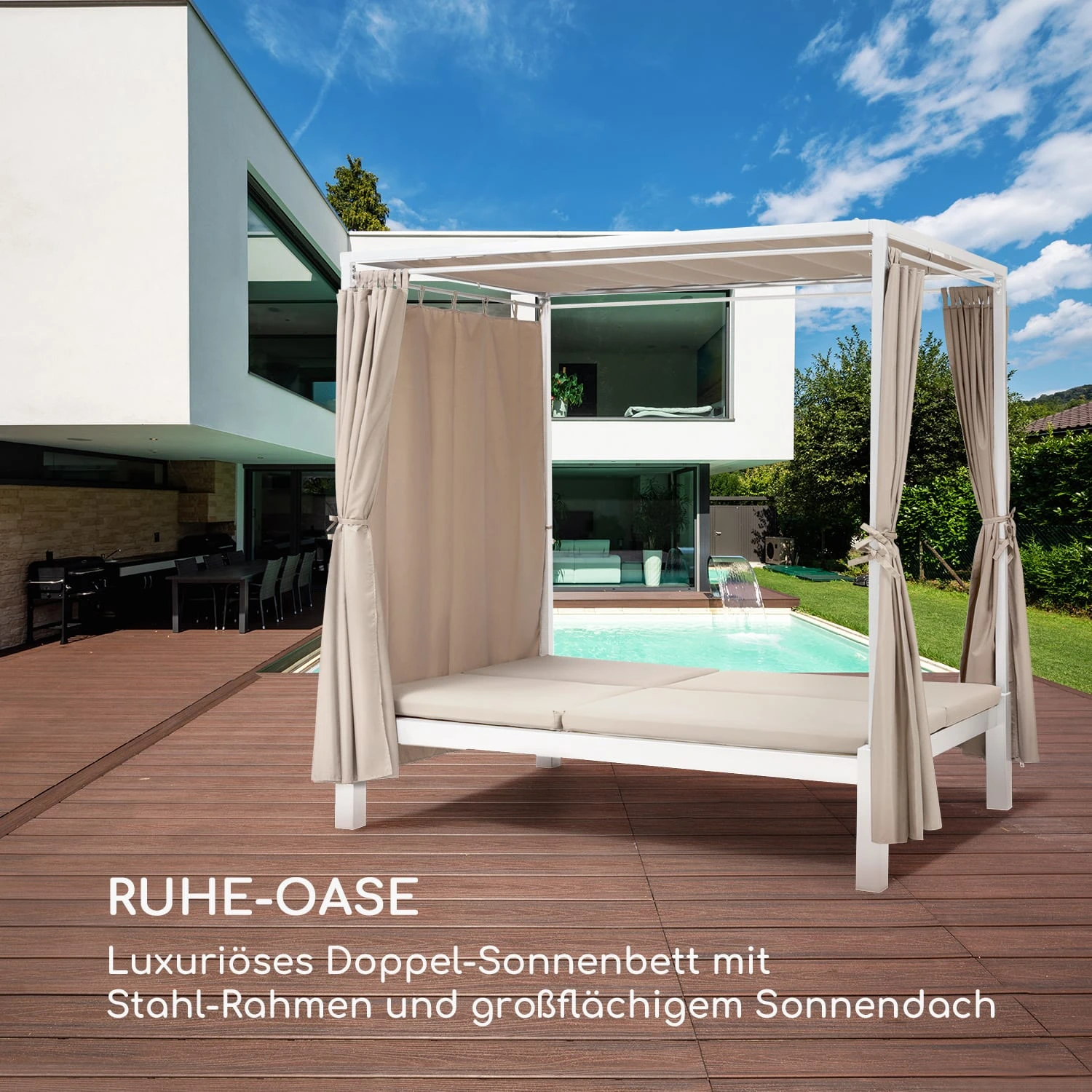 Eremitage Double Sunbed 2 Pers Stahl-Rahmen Sonnendach Vorhänge Creme - Image 4