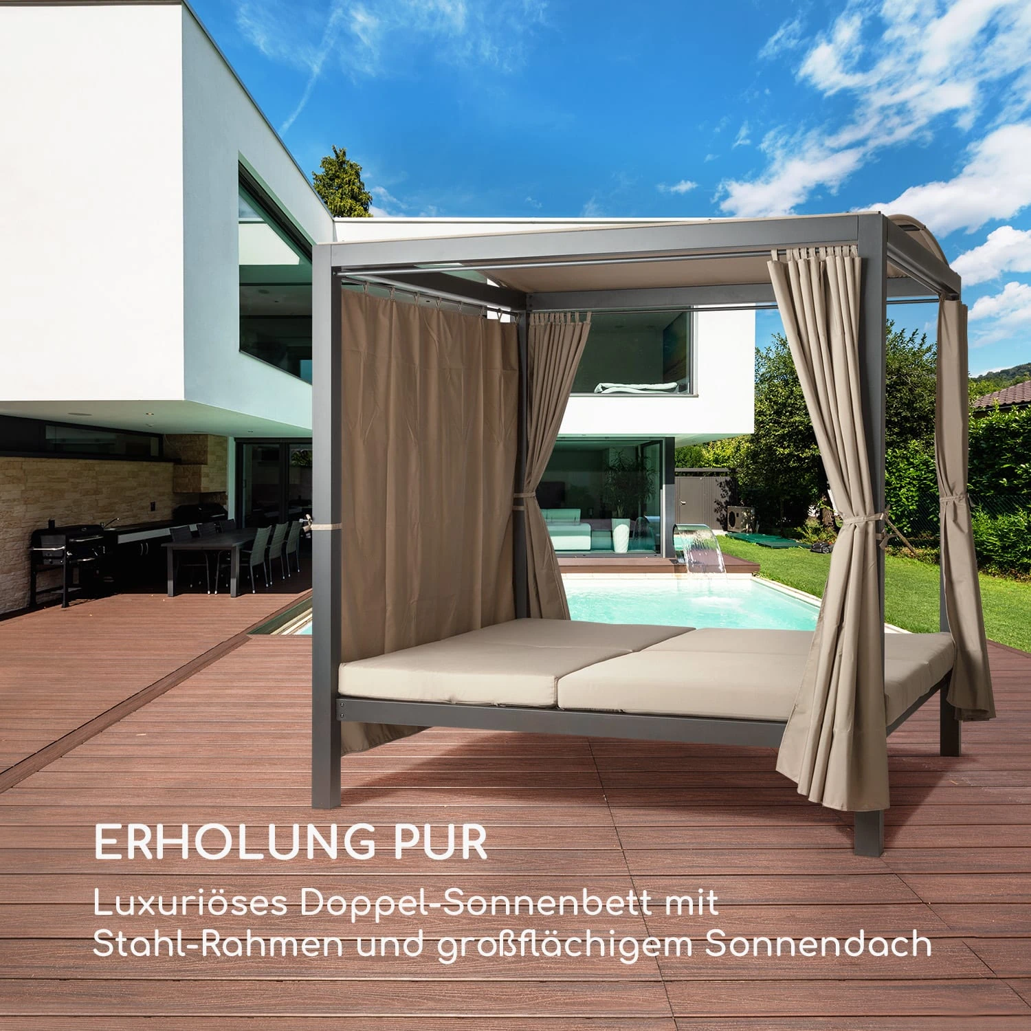 Eremitage Double XL Sunbed 2 Pers Stahl-Rahmen Sonnendach Vorhänge - Image 2