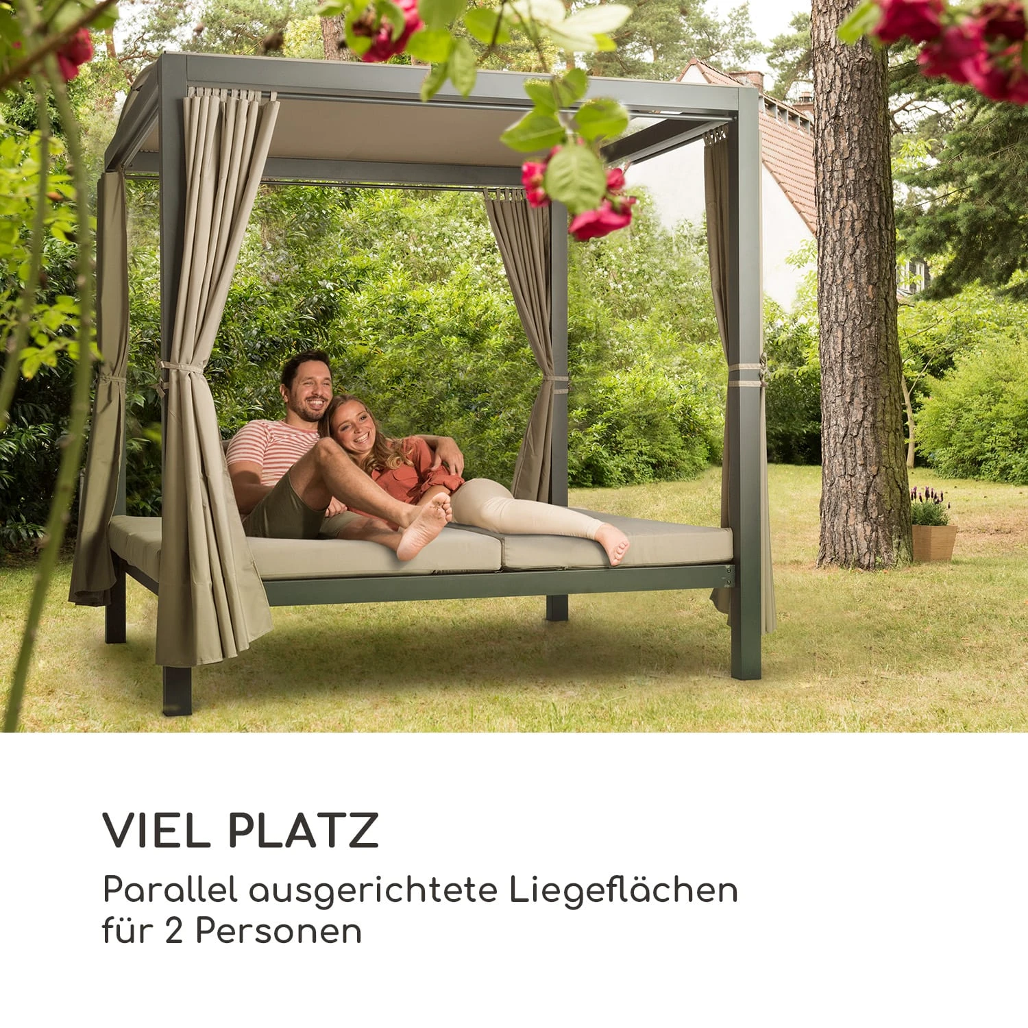 Eremitage Double XL Sunbed 2 Pers Stahl-Rahmen Sonnendach Vorhänge - Image 3