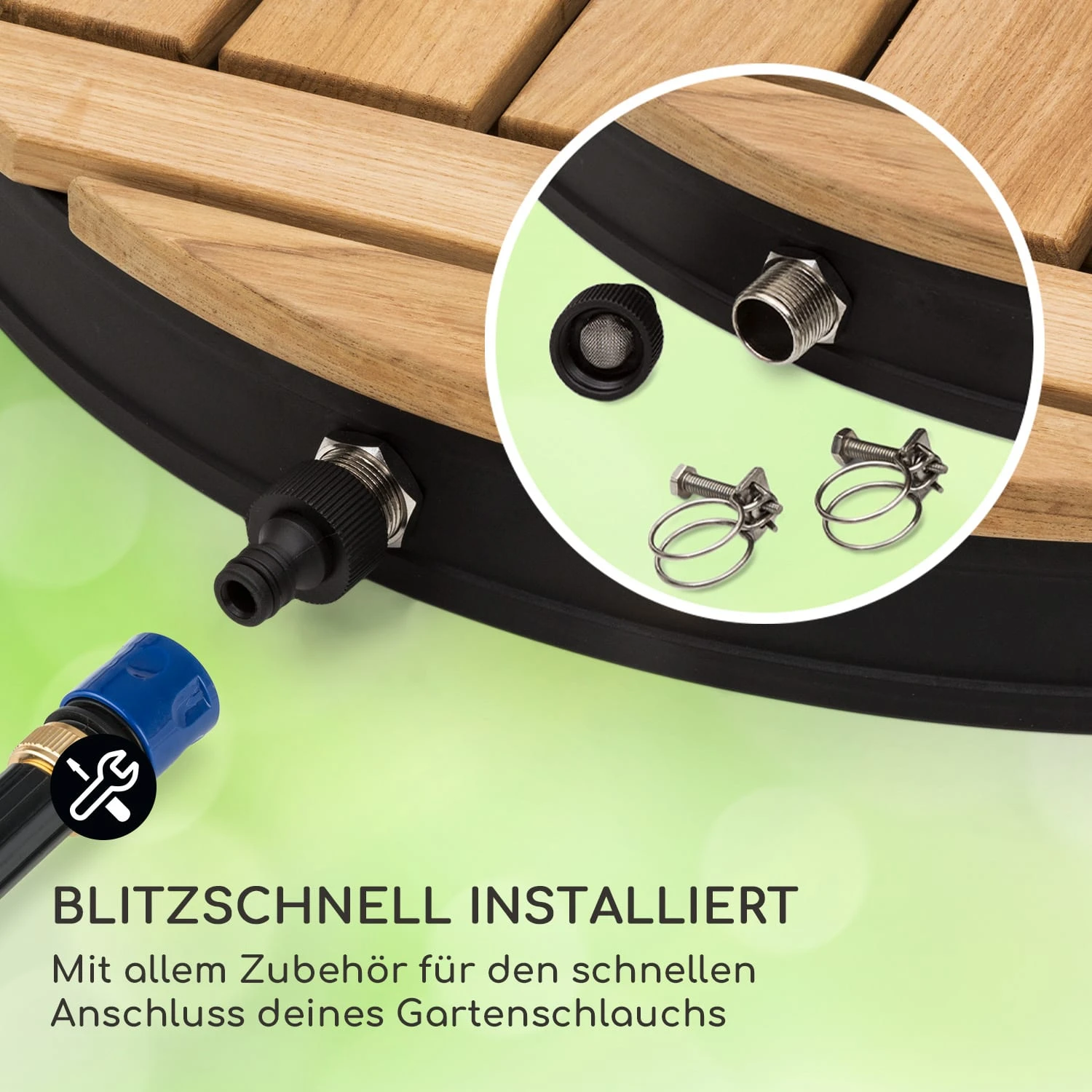 Sumatra Teak Round Gartendusche Aluminium Teakholz Tragegriff - Image 5