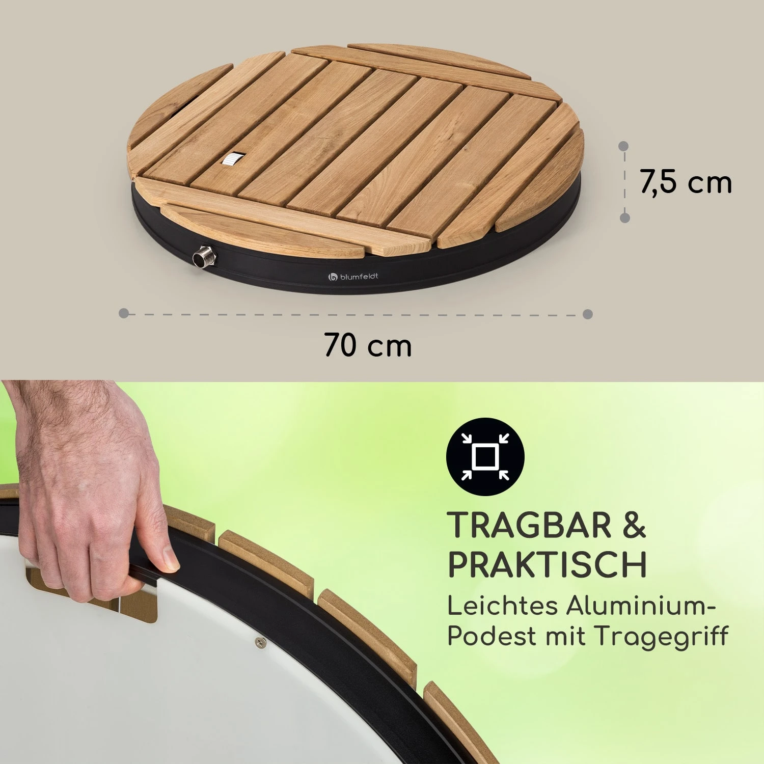 Sumatra Teak Round Gartendusche Aluminium Teakholz Tragegriff - Image 6